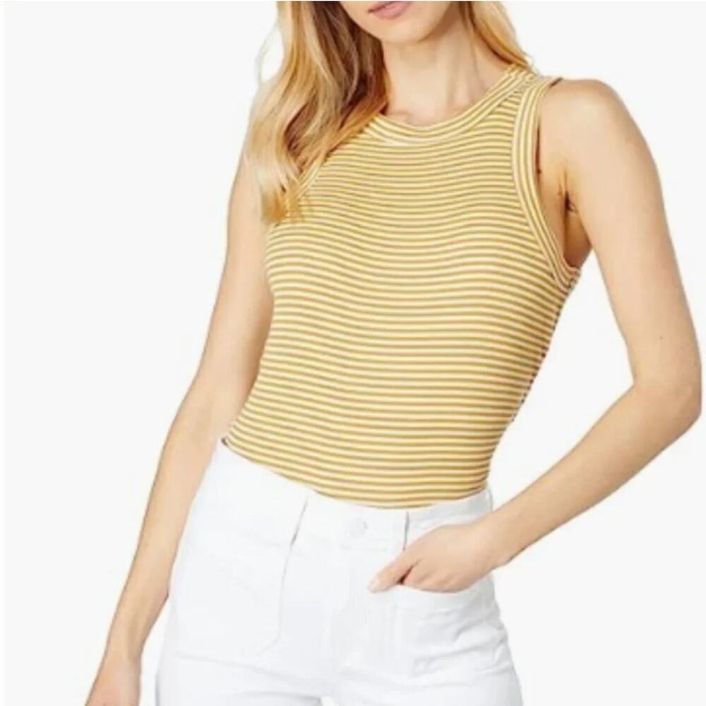 Madewell Brightside XS‎ Striped Ribbed Tank Top Mustard Yellow White Crew Neck